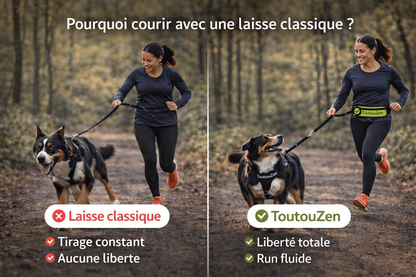 Laisse Running Mains Libres pour Chien - Sacoche intégrée, Balade & Sport - ToutouZEN