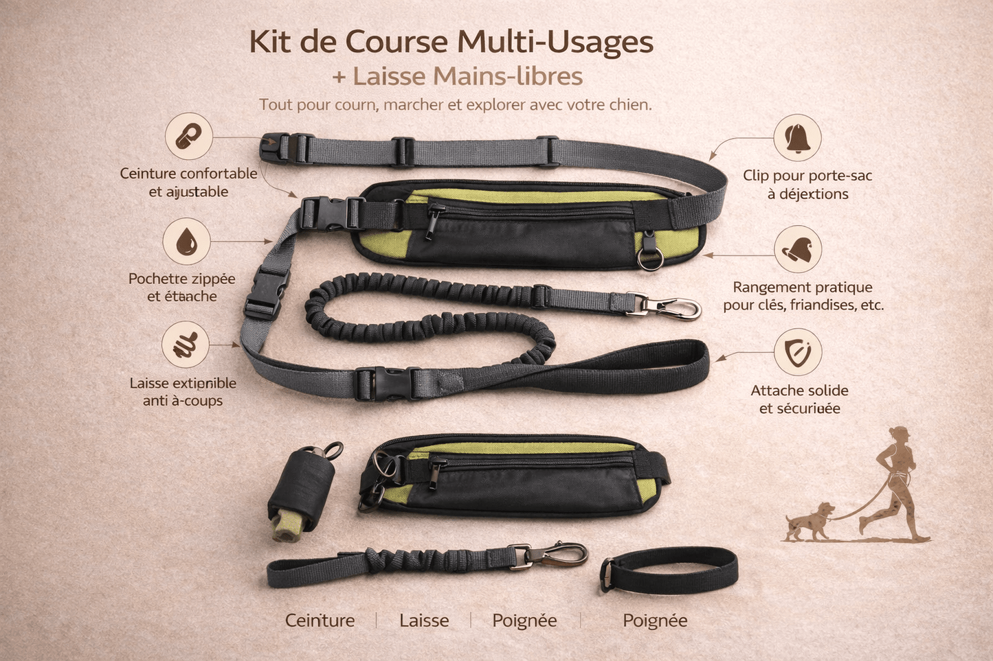 Laisse Running Mains Libres pour Chien - Sacoche intégrée, Balade & Sport - ToutouZEN