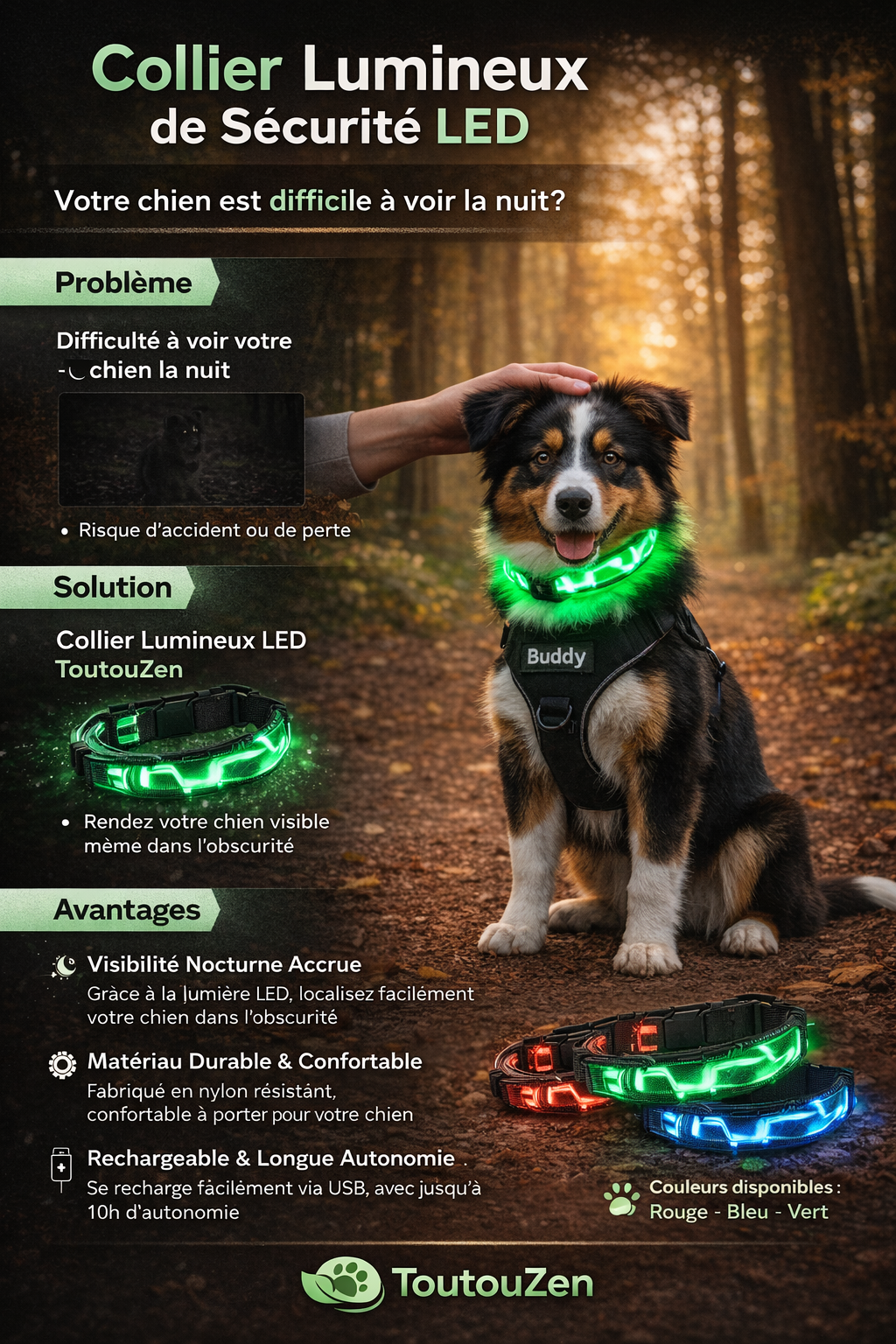 Collier Lumineux pour Chien Camouflage - LED Sécurité Nocturne, Réglable & Résistant - ToutouZEN